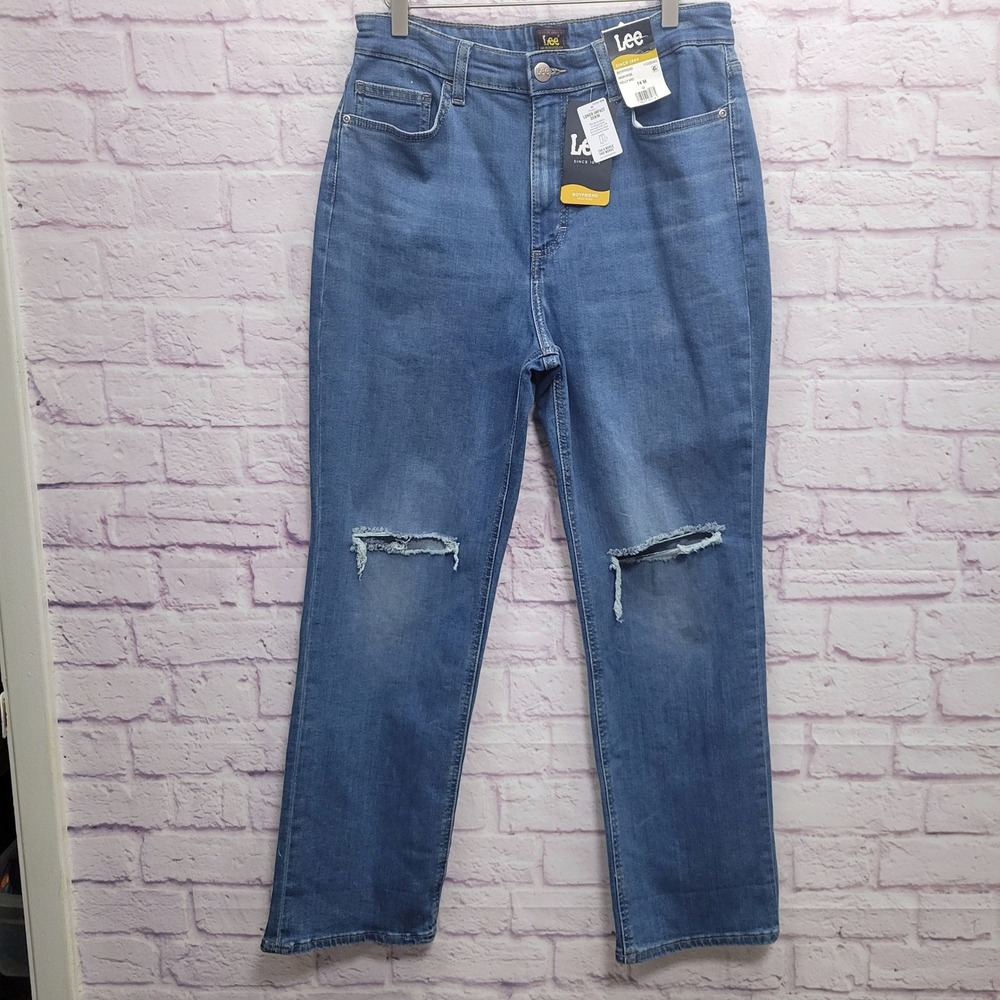 NEW Lee Heritage Boyfriend Jeans Womens 14 Distressed Blue Denim Y2K Streetwear‎